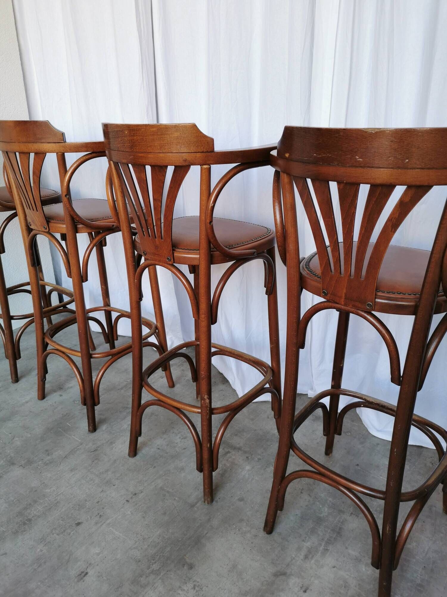 Set of 6 Vintage Bentwood Bar Stool Set: Brown Leather Seat, Nailhead Trim