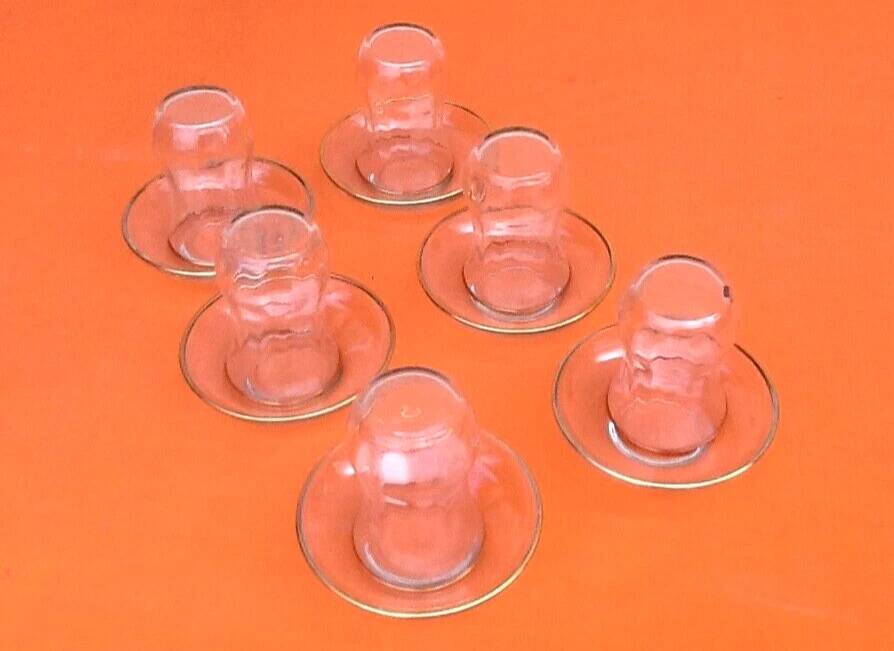 Tea service for 6 glasses / 6 saucers, transparent glass with gilding.