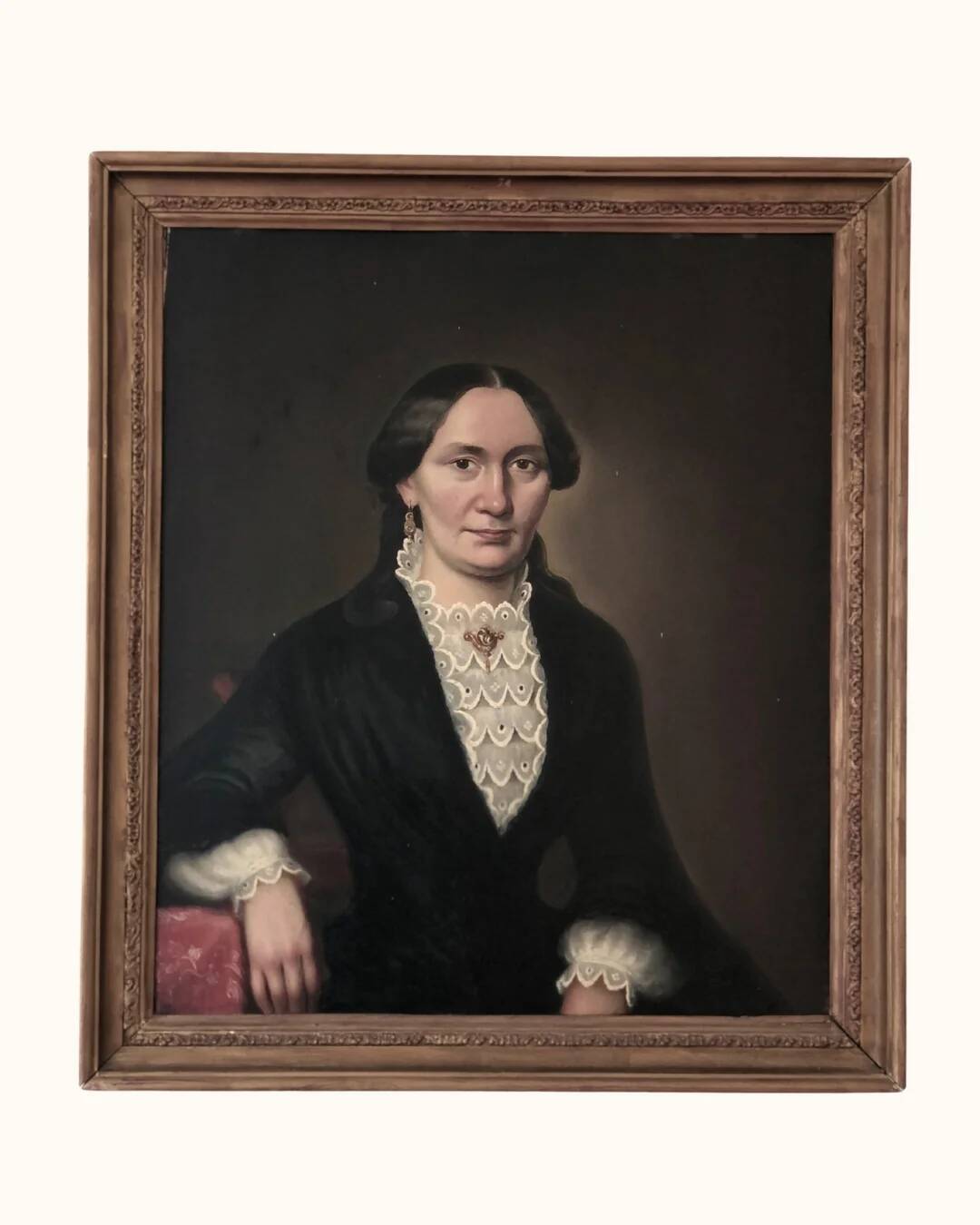 Antique oil portrait painting, framed large lady portrait, c. 1840