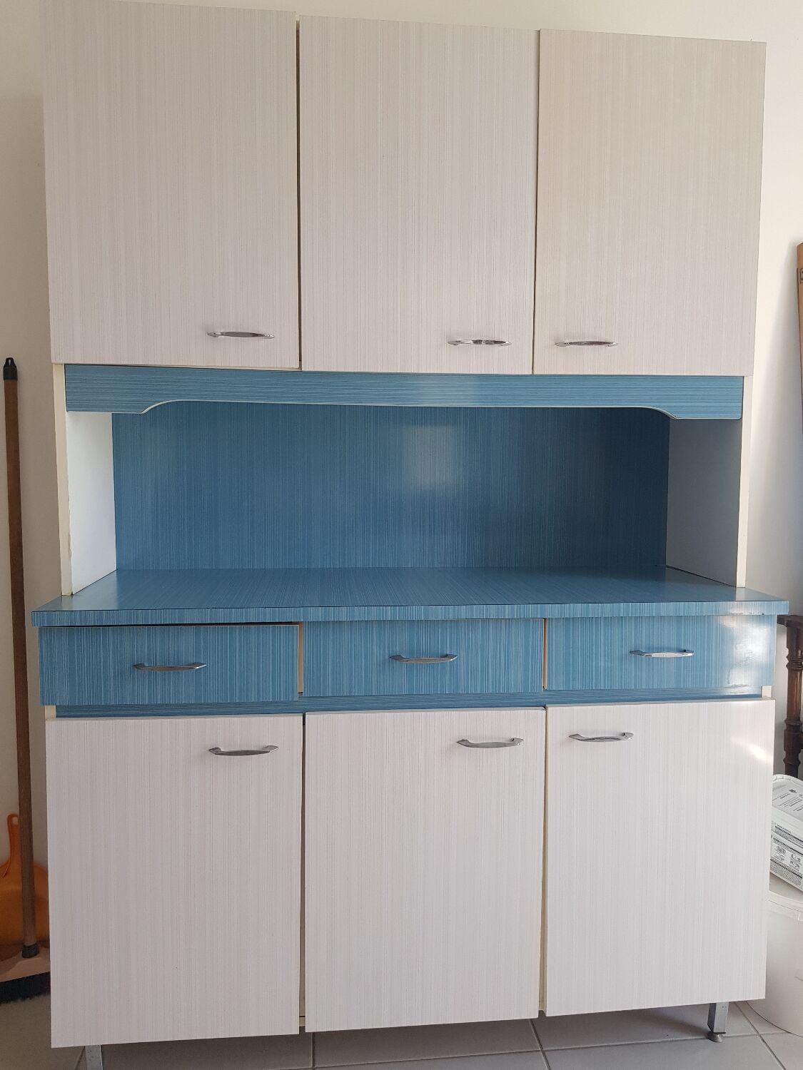 Blue and white formica sideboard