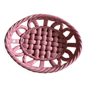 Vintage pink woven ceramic fruit basket