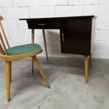 Baumann desk and chair, 1960s, Formica, wood and black, green seat