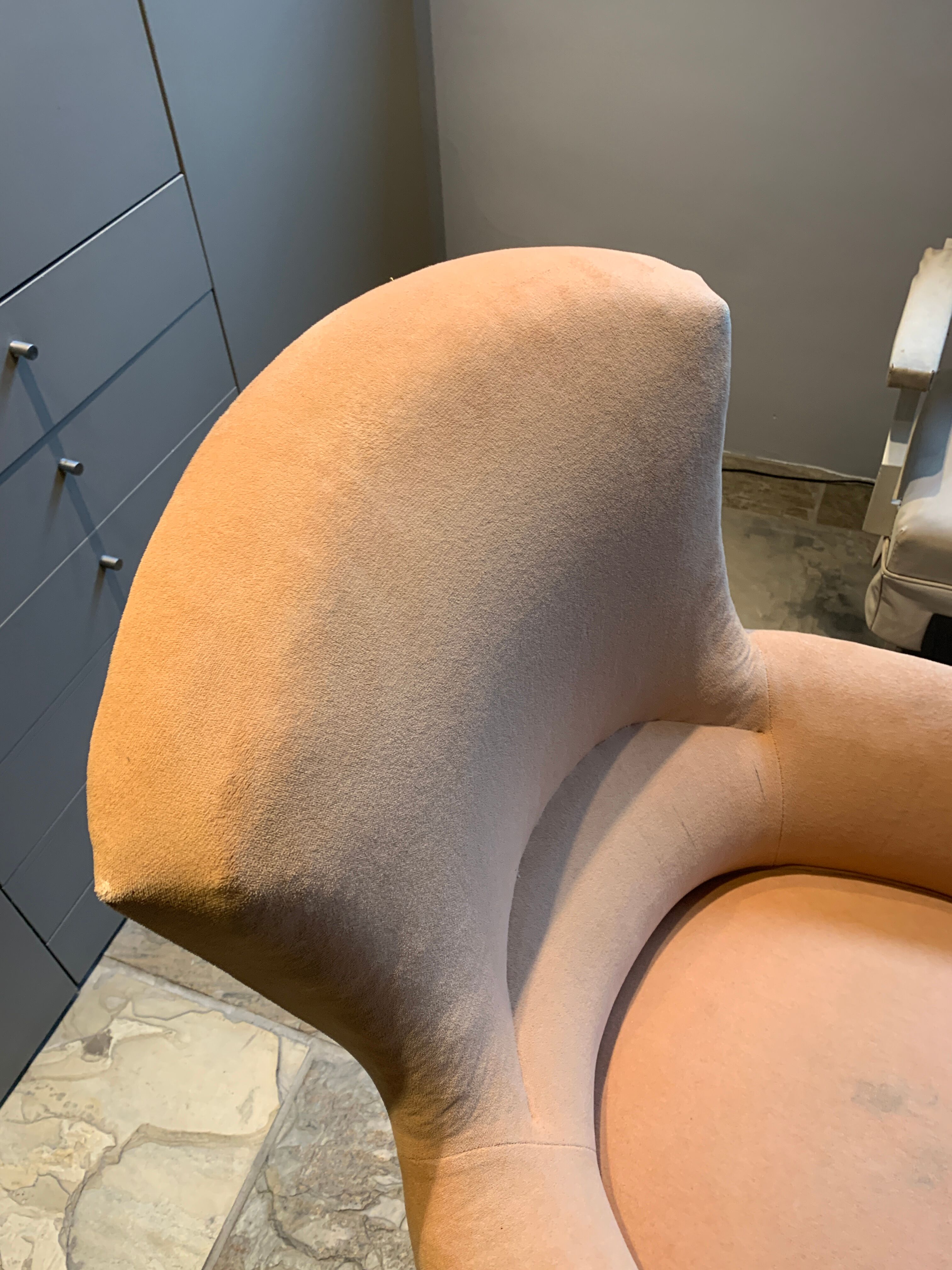 Yellow velvet toad armchair and pink trim