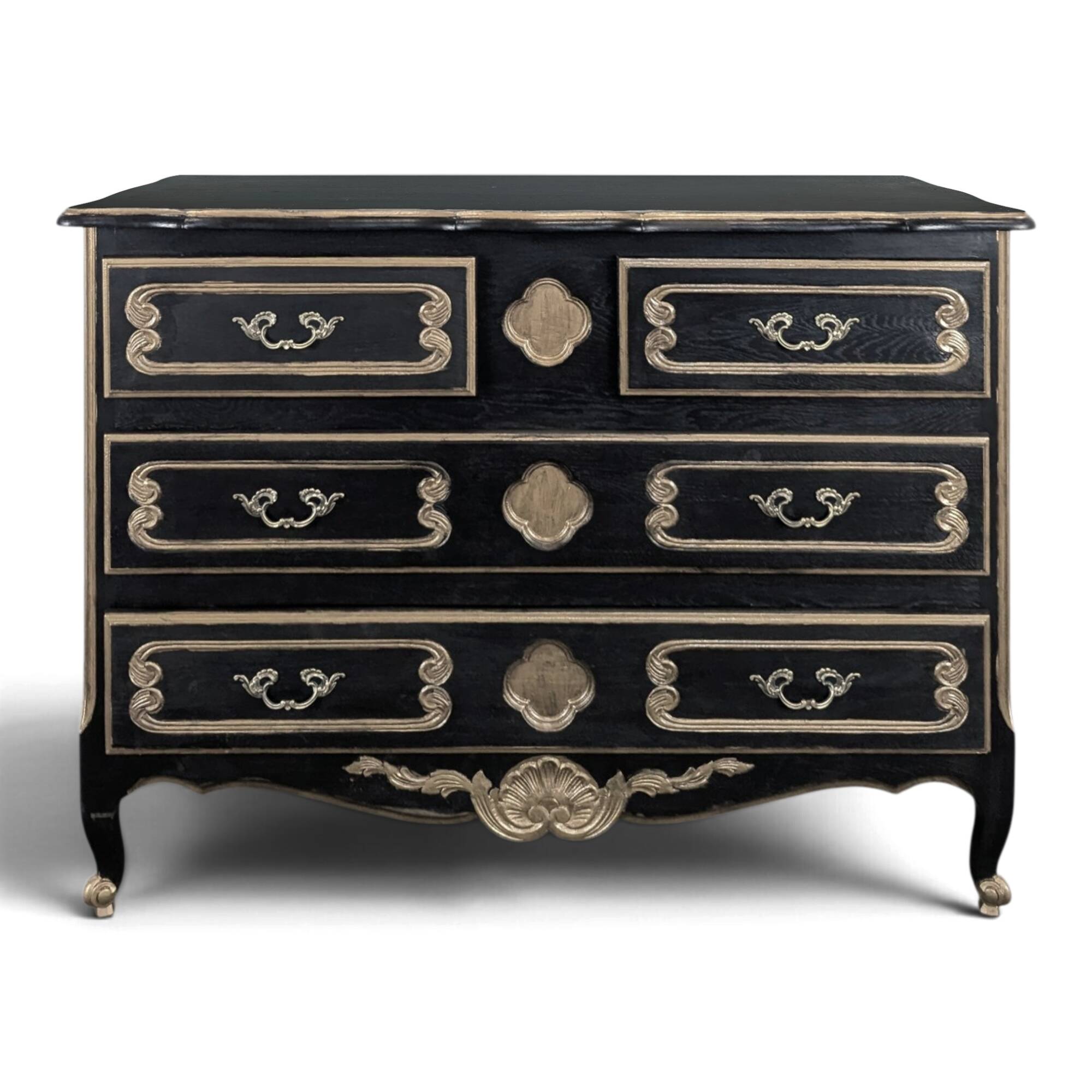 Commode de style Louis XV en chêne laqué noir et rechampi or