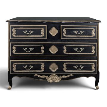 Commode de style Louis XV en chêne laqué noir et rechampi or