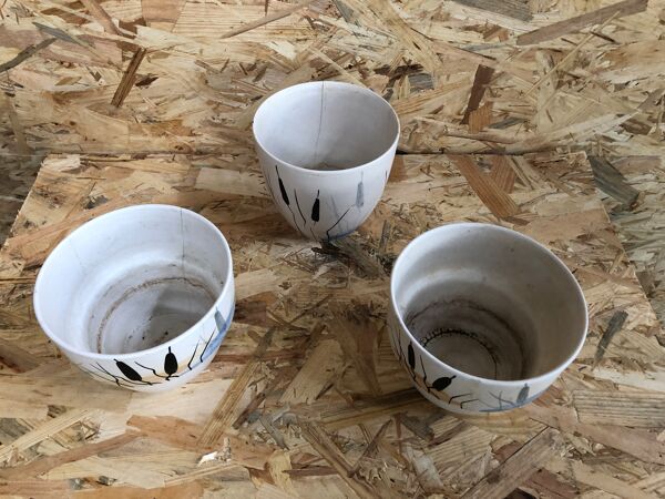 Lot 3 anciens caches pot Milet Sevres céramique décor roseaux vintage