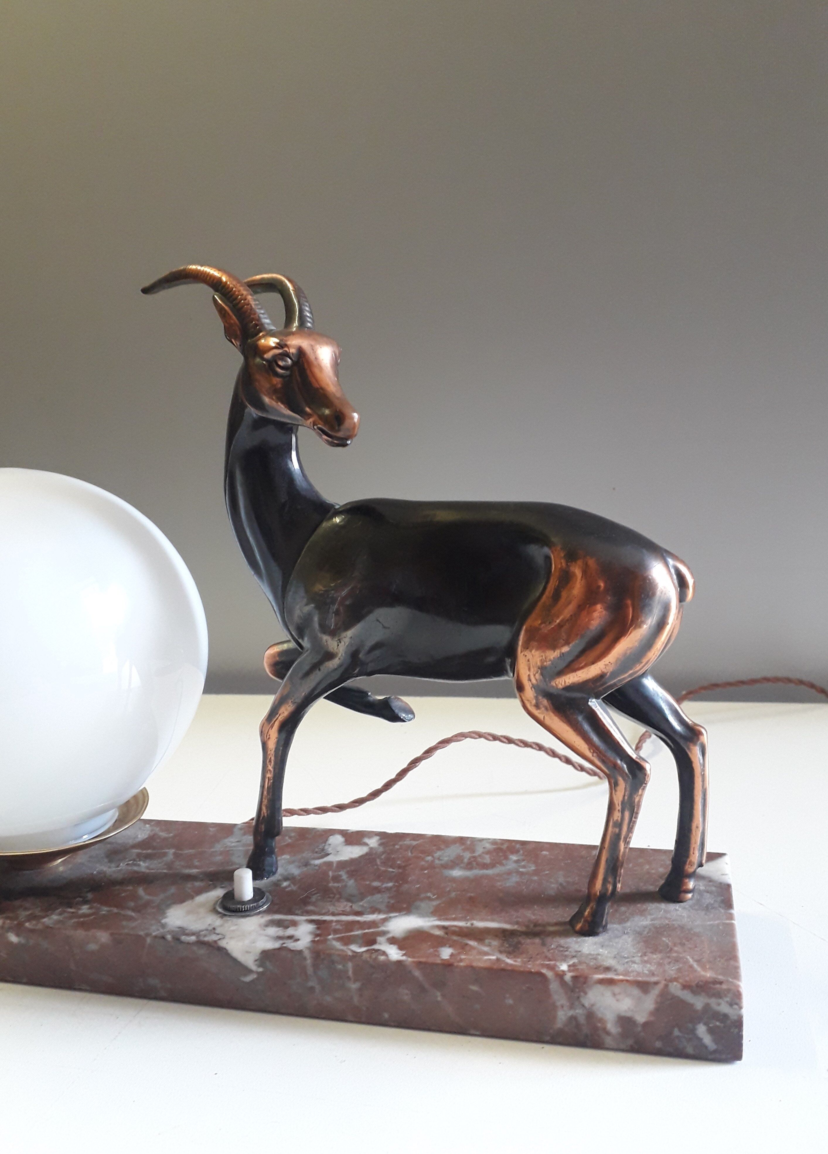 Art Deco table lamp - Copper antelope on marble - 1940