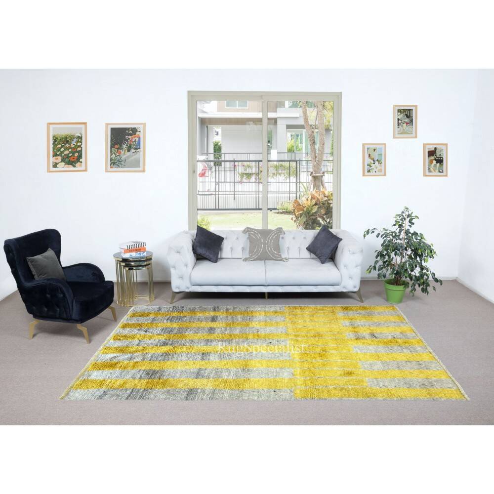 Handmade "Tulu" Rug in Yellow & Gray, 100% Wool, Custom Options Available