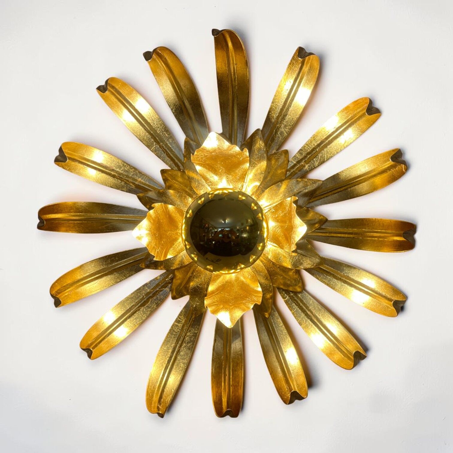 Vintage gold leaf metal wall light flower applique
