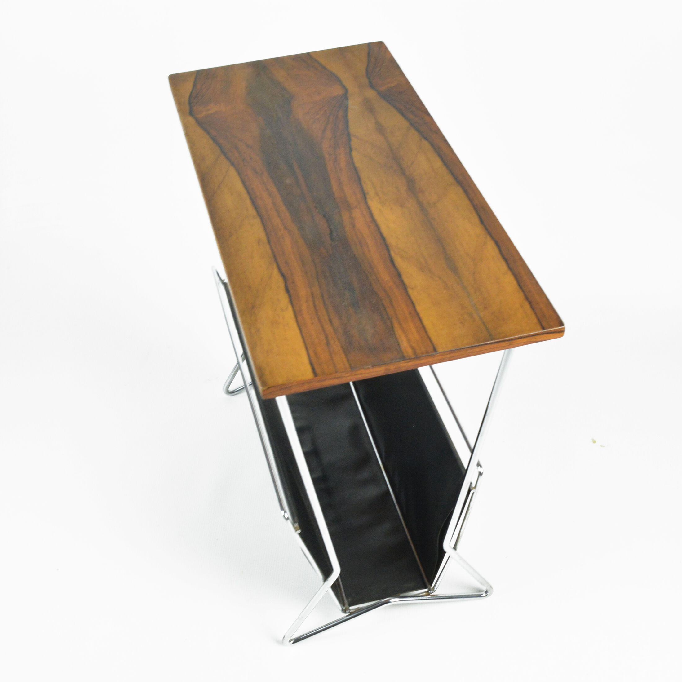 1970s modernist metal newspaper rack with a rosewood top, Sweden
