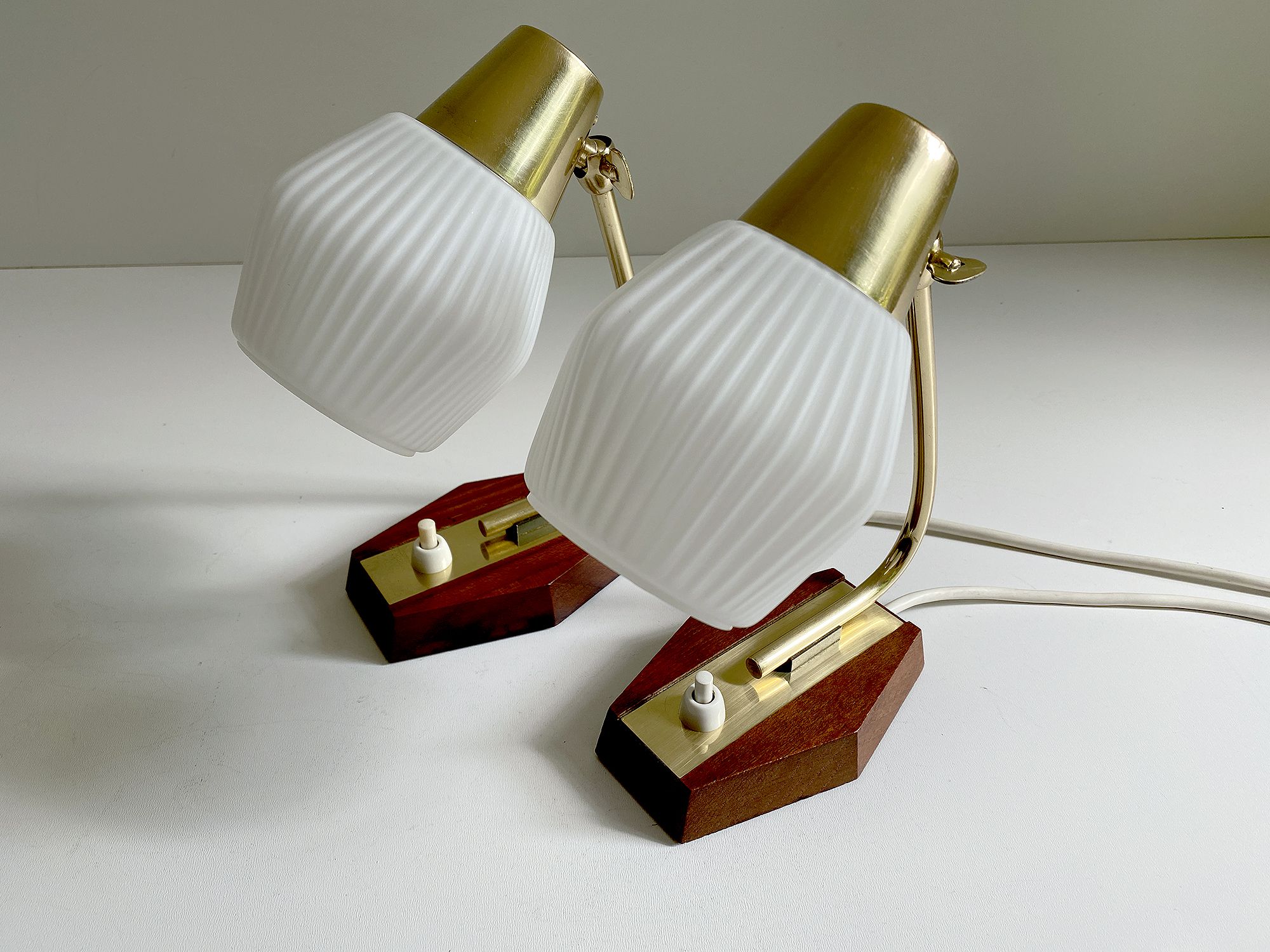 Pair of Scandinavian vintage table or bedside lamps, teak and glass, 60s