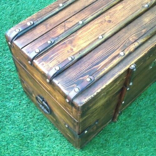 Antique travel chest Wood studded / wrapped in leather Brass lock with key (functional)