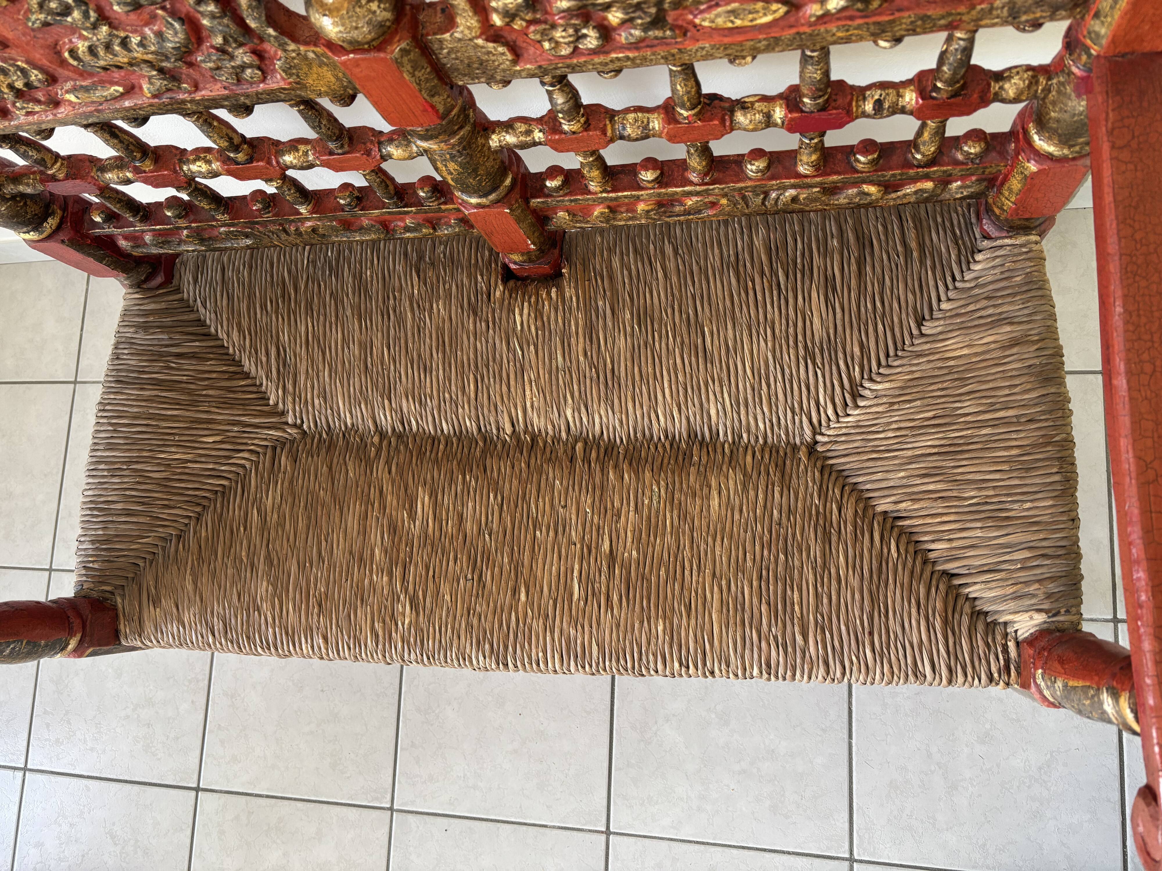 Vintage Spanish low chair in painted wood and straw (Majorca Andalusia)
