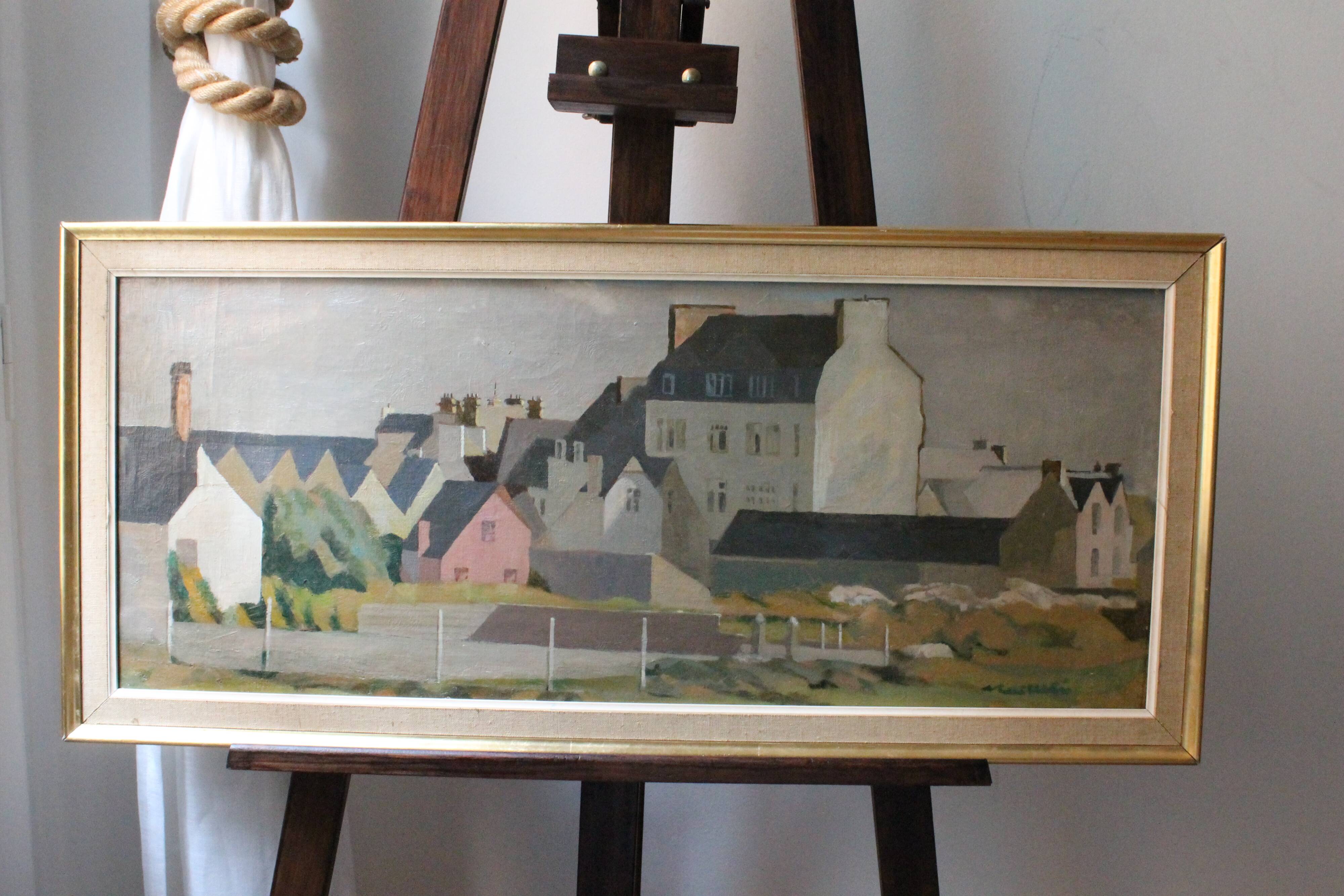 Painting "The roofs of Lesconil in Brittany" French school 20th century