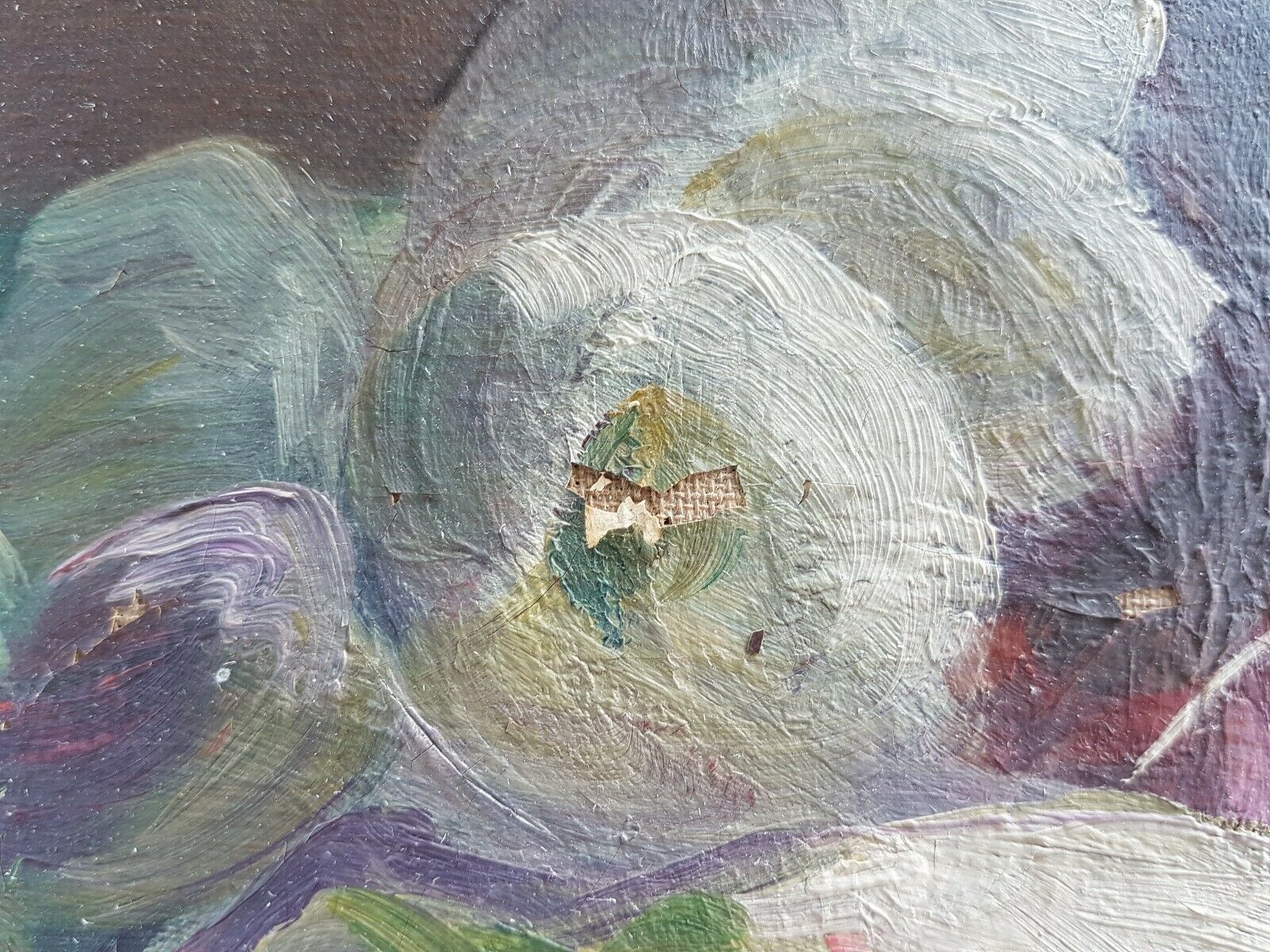 Oil on canvas still life bouquet of artist's signature flowers