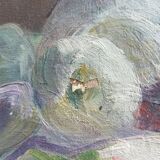 Oil on canvas still life bouquet of artist's signature flowers