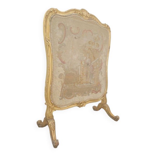 Pare-feu écran de cheminée style Louis xv en bois doré 19ème tapisserie