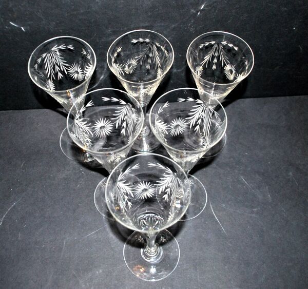 Série de 6 verres à vin, flûtes Roemer en cristal gravé guirlande 1900
