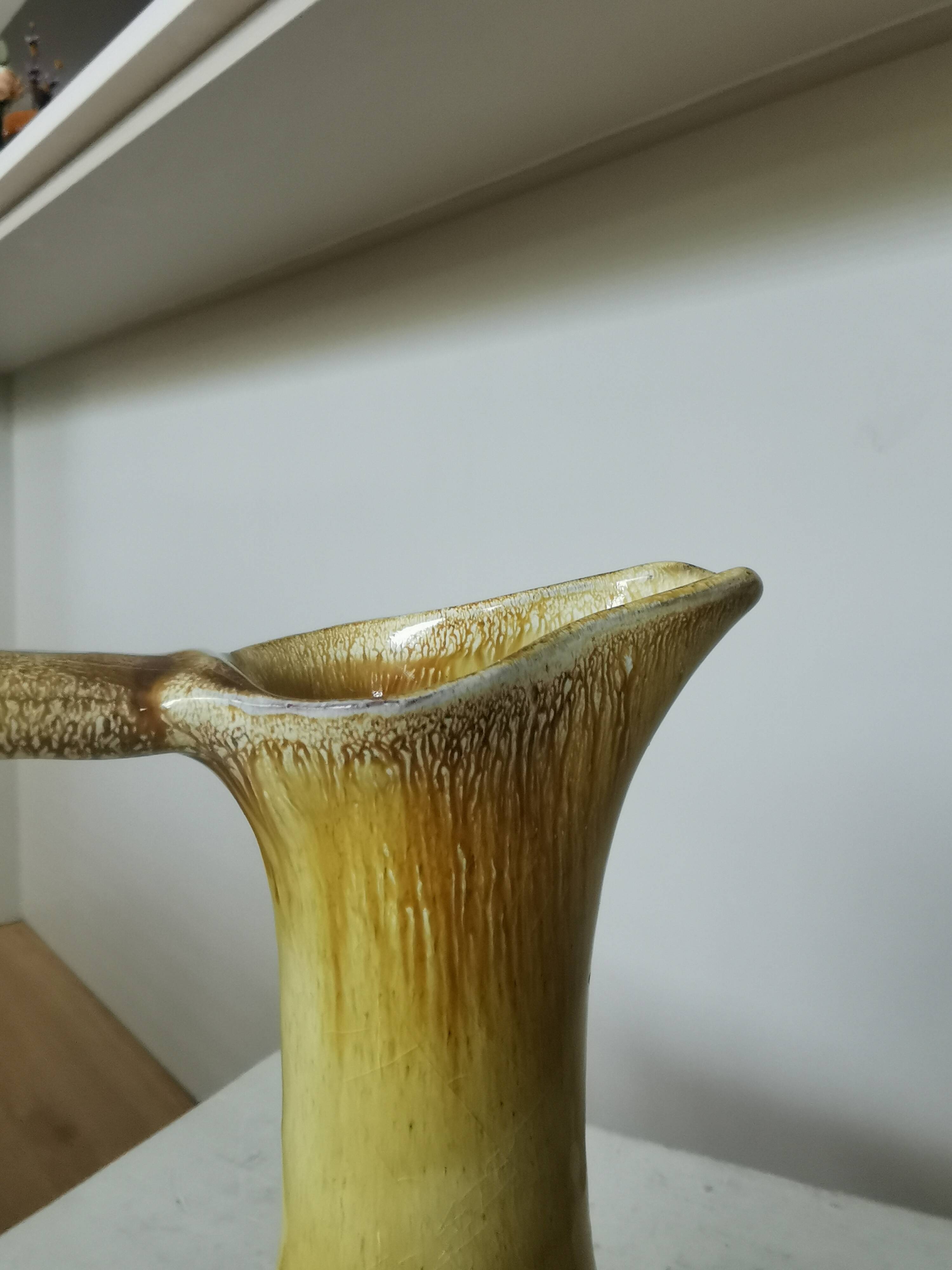 Handmade Ceramic Pitcher: 1970s LKC Pottery, Yellow Brown Glaze