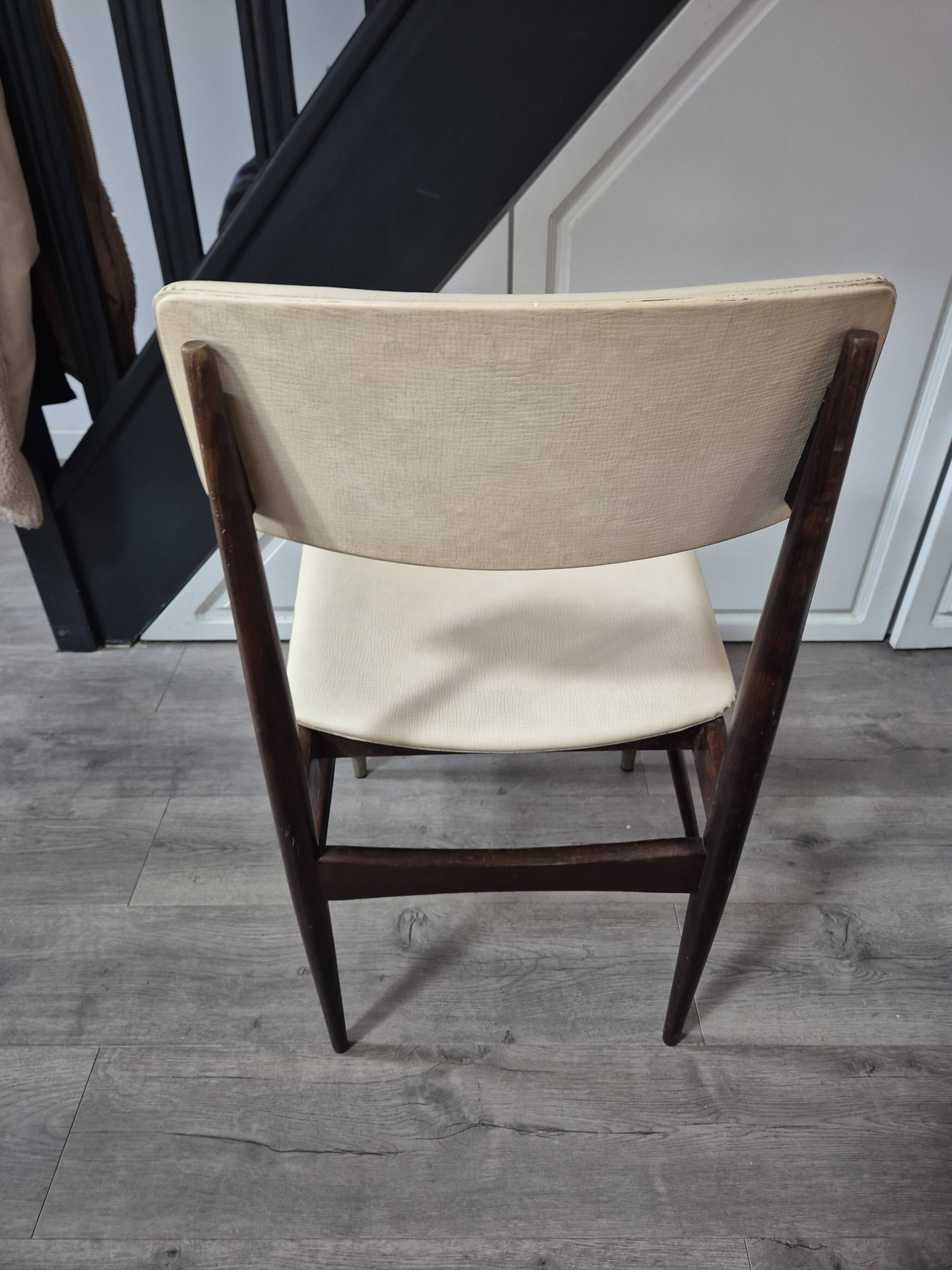 vintage chair wooden frame compass foot with metal on the front backrest and ecru leather seat