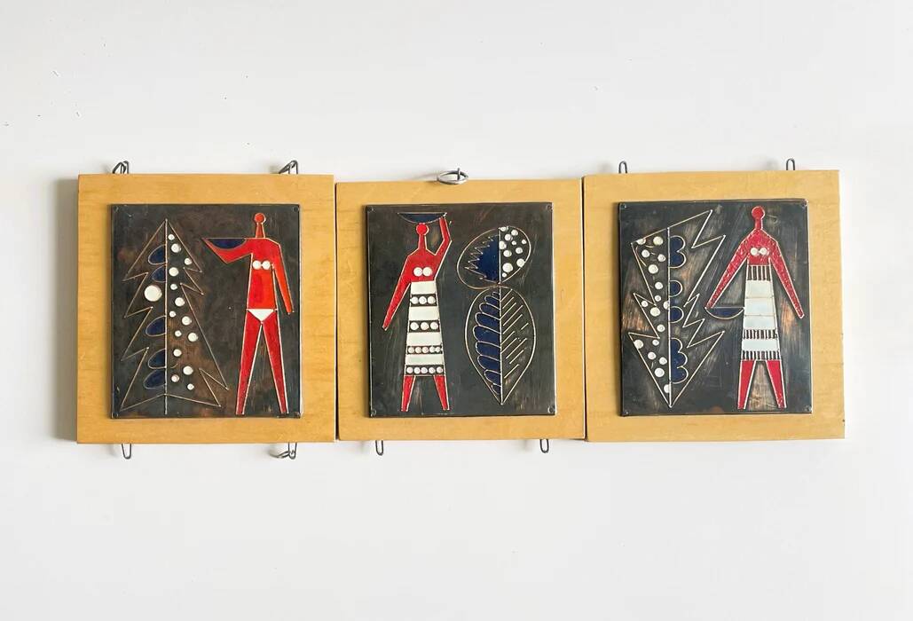 Vintage mid-century three-panel enamel figurative wall art