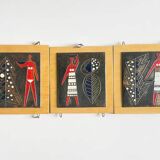 Vintage mid-century three-panel enamel figurative wall art