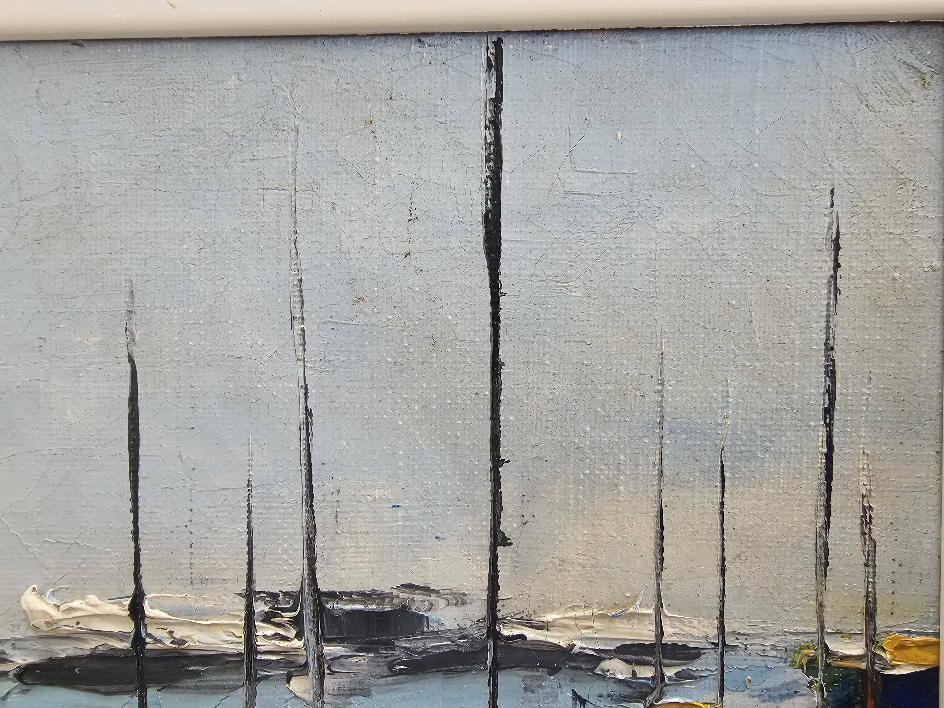 Oil on Canvas Painting Marine Landscape Sailboats at Anchor Signed Morales