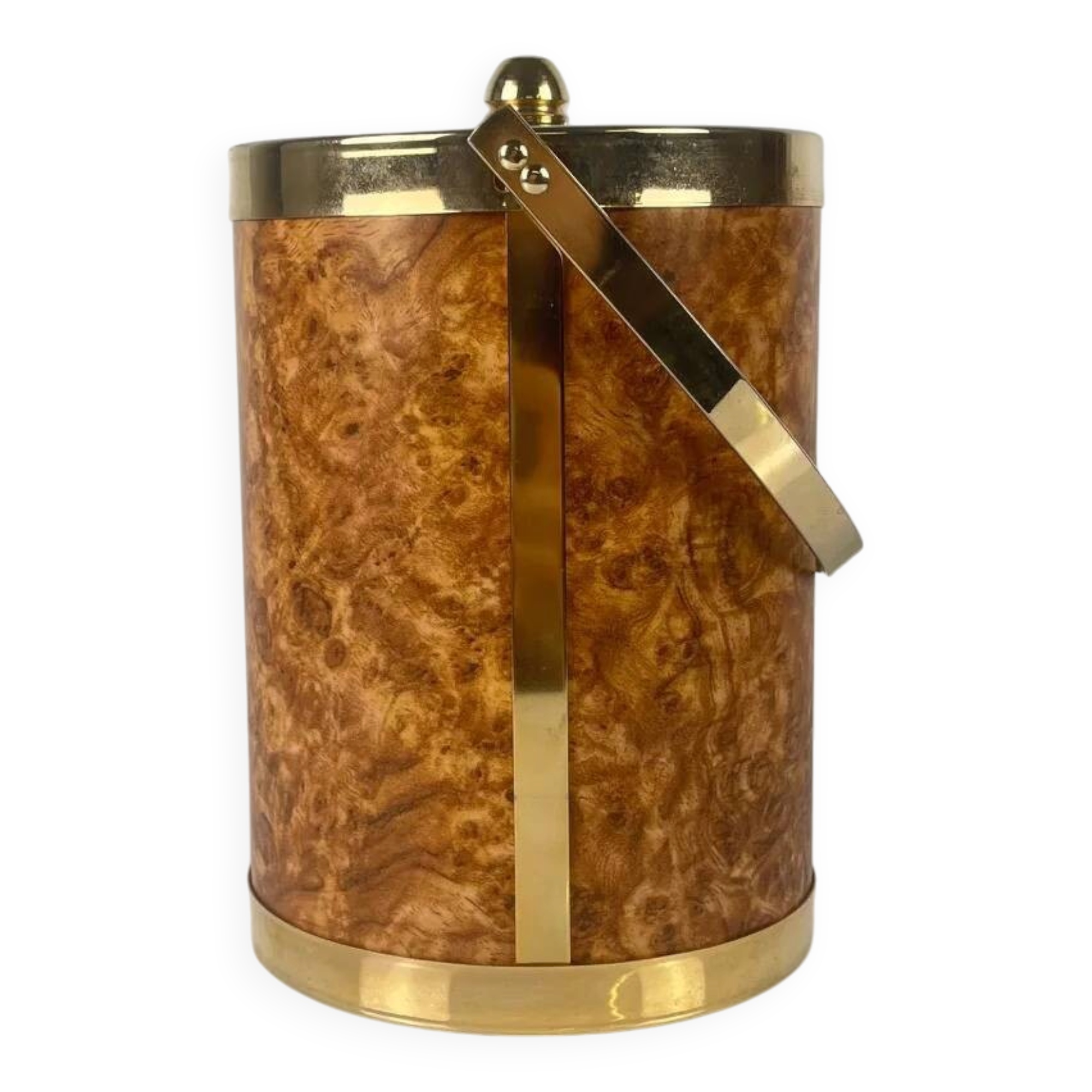 Vintage ice bucket in plastic with an elm burl effect, 1970.
