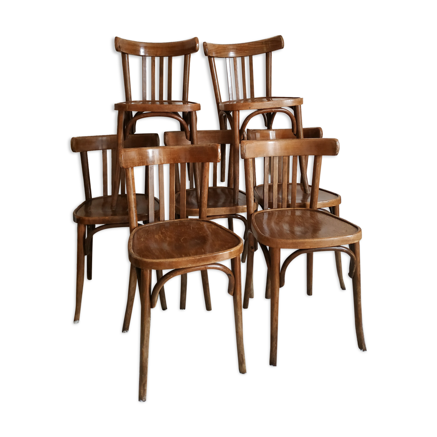 Lot of 7 patinated bistro chairs