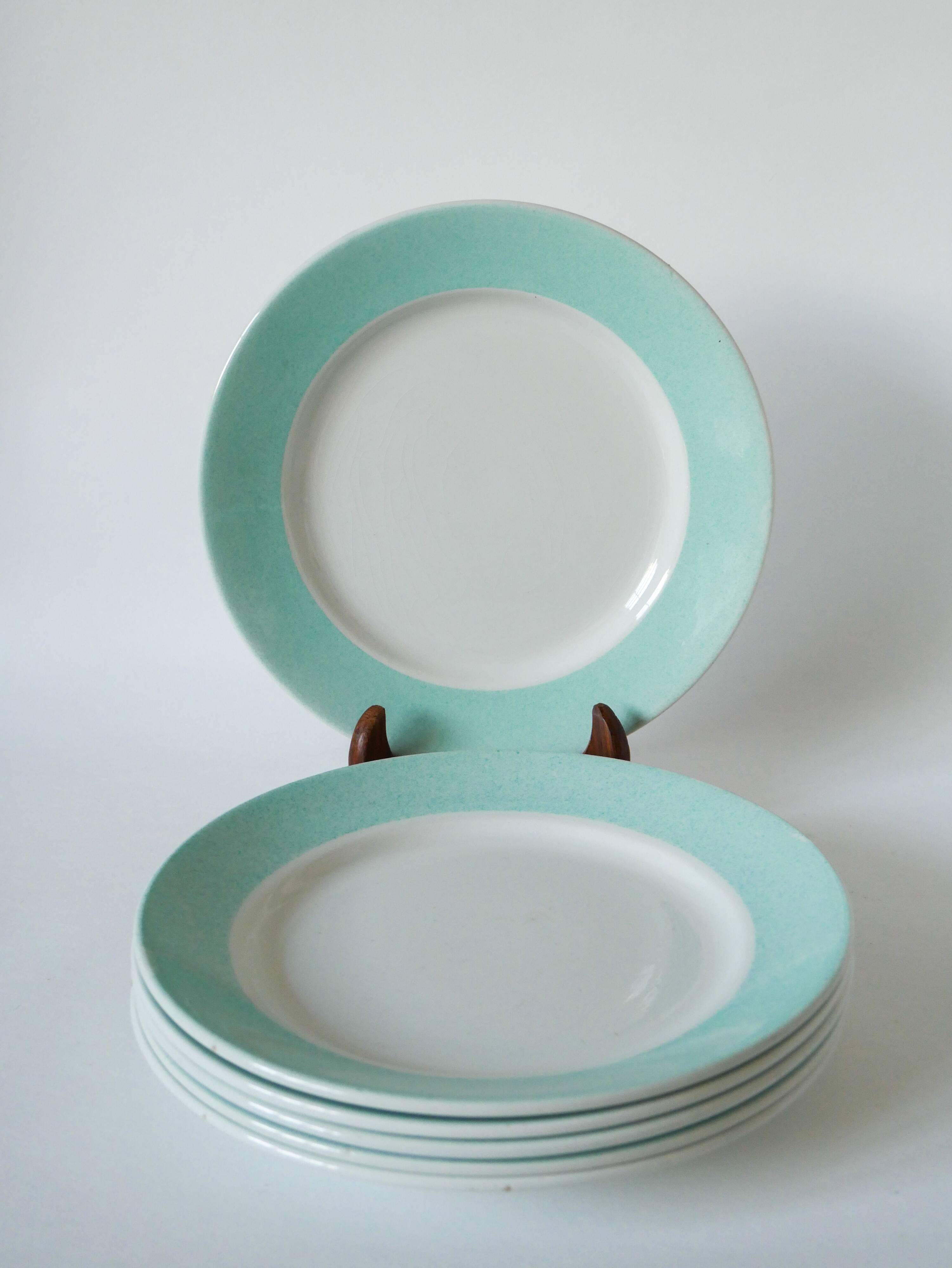 Set of 6 Badonviller flat plates with speckled mint colored edge 1950