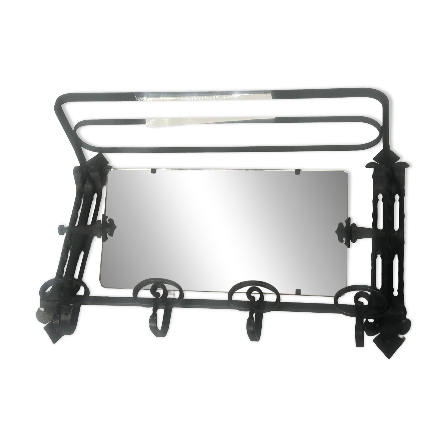 • Porte-manteau mural Art Déco en fer forgé plein et miroir biseauté