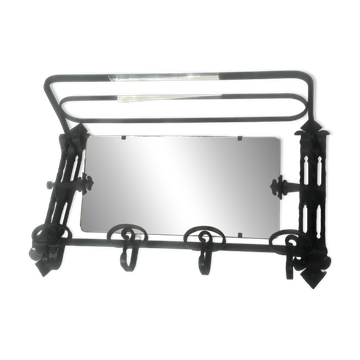 • Art Deco wall coat rack in solid wrought iron and bevelled mirror