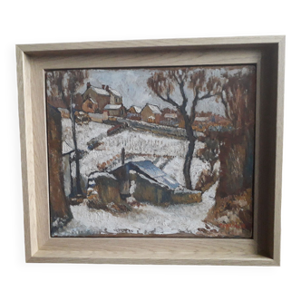 Old oil painting depicting a winter landscape