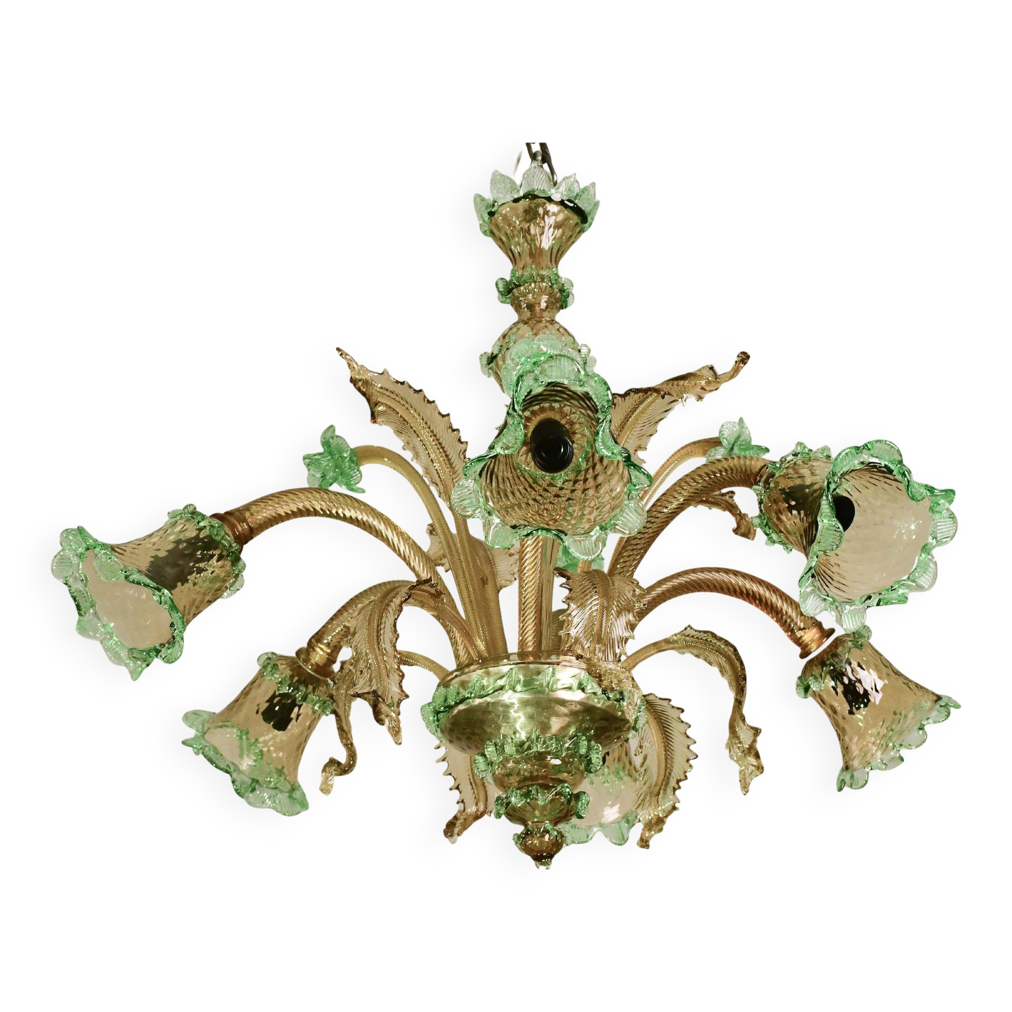 6 arms vintage Venetian chandelier, green Murano glass, 1950s