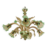 6 arms vintage Venetian chandelier, green Murano glass, 1950s