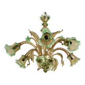 6 arms vintage Venetian chandelier, green Murano glass, 1950s