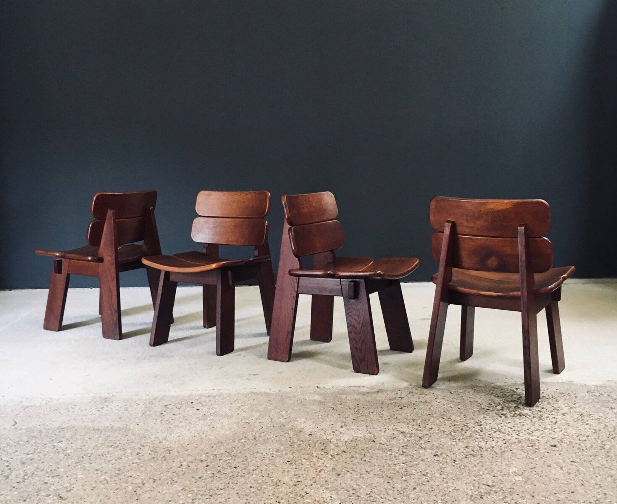 Constructivist Oak Dining Chairs, Belgium, 1960s, Set of 4
