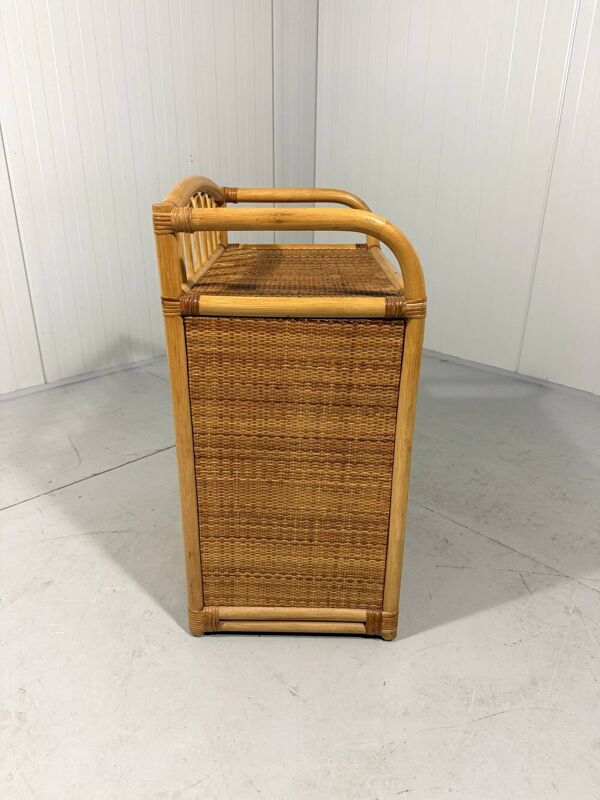 Commode en rotin, table de chevet, années 1980