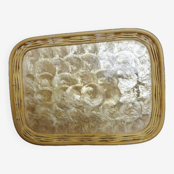 Golden Capiz mother-of-pearl tray from the Philippines and rattan 1970