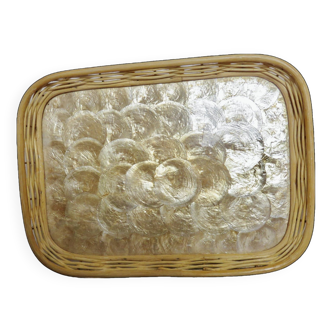 Golden Capiz mother-of-pearl tray from the Philippines and rattan 1970