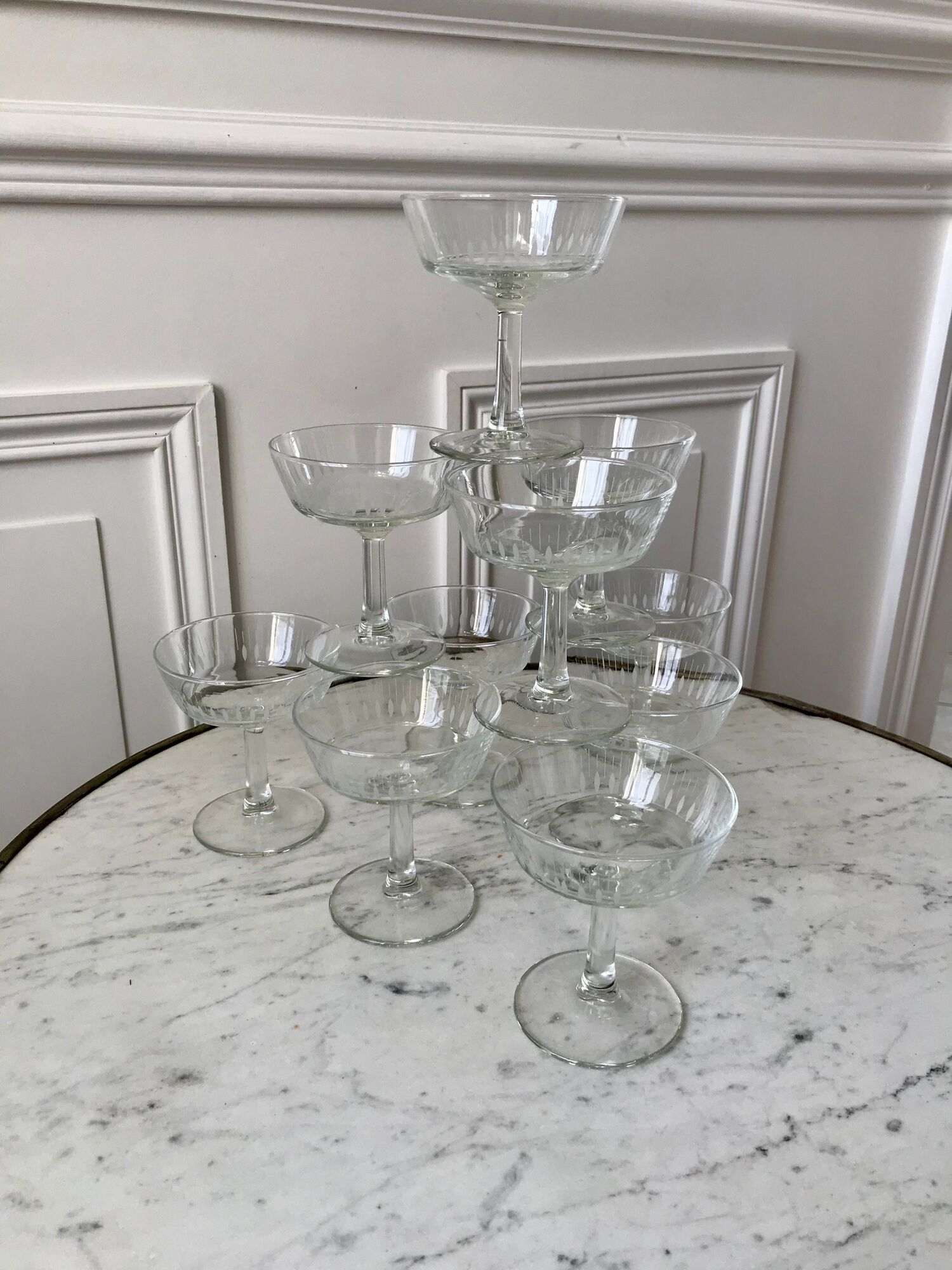 Lot de 10 coupes à champagne en verre cristallin années 50-60