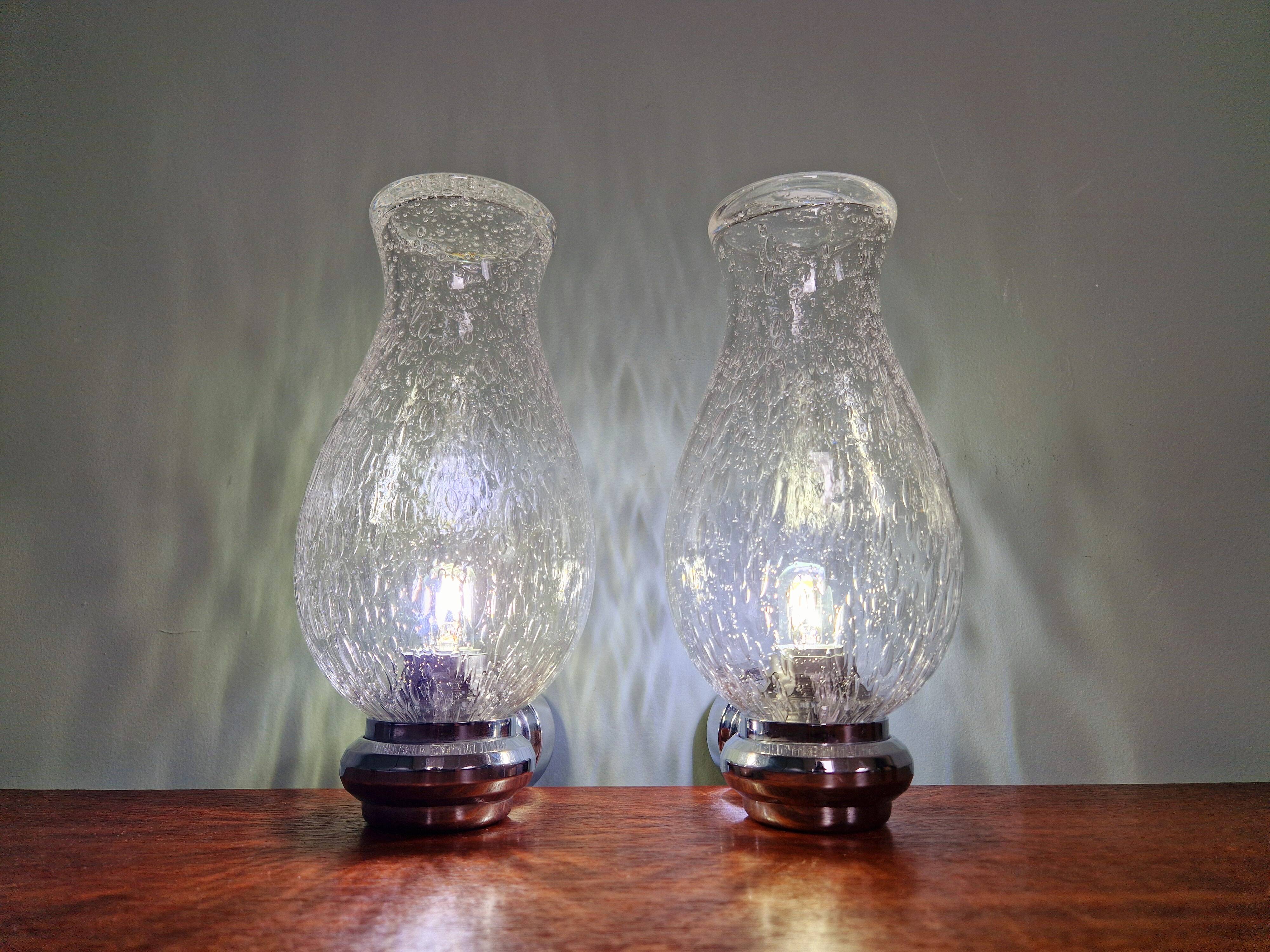 Pair of blown glass and chrome-plated metal wall lights, 1970s