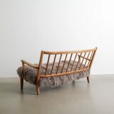 Early Swedish Modern Wooden Pine Sheepskin Sofa by Carl Malmsten, 1940s