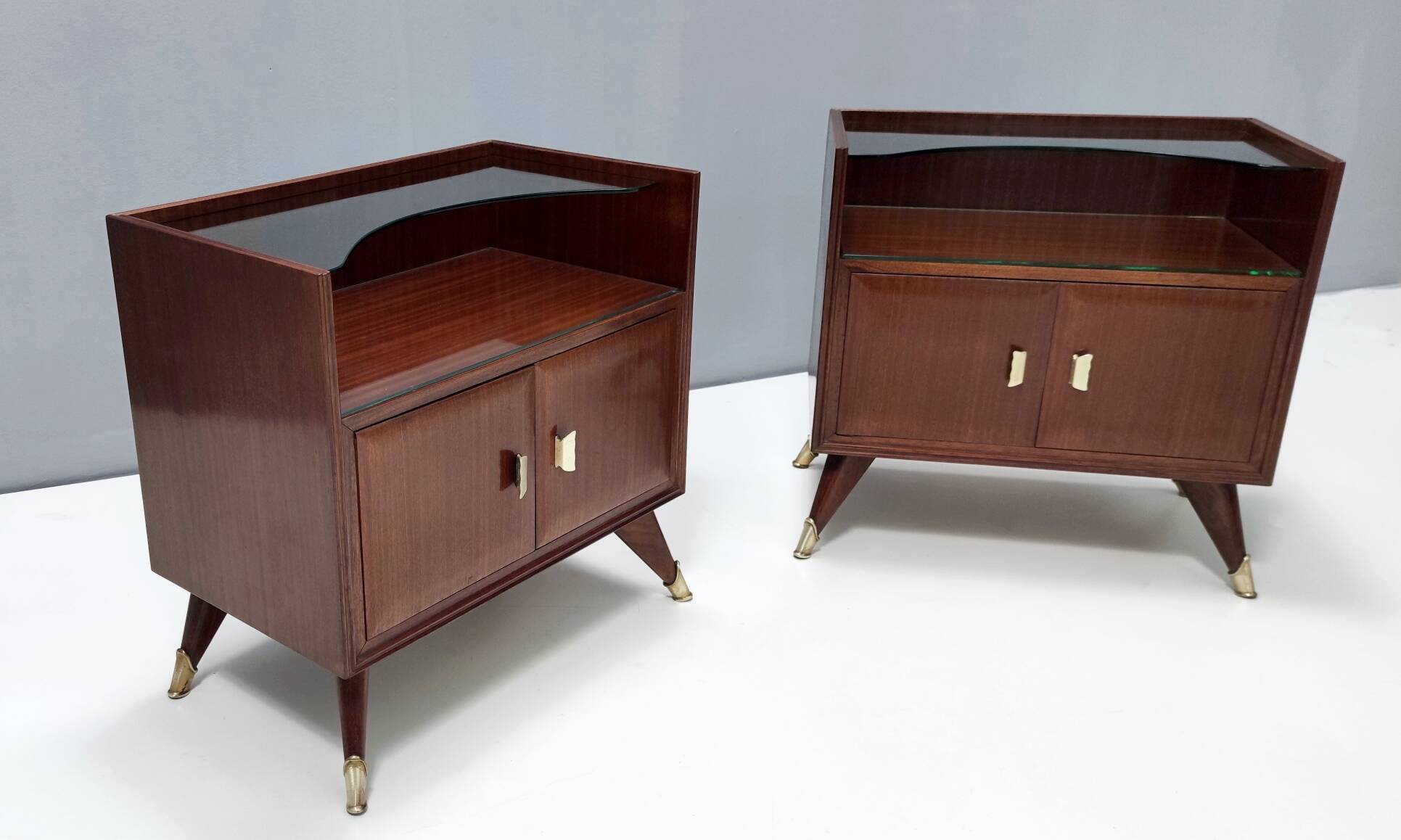 Pair of Elegant Walnut Nightstands with a Crystal Top Shelf
