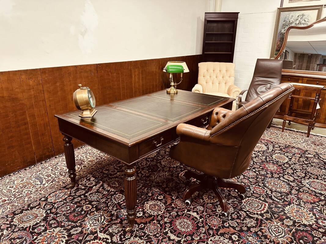 Old English Writing Desk with black leather top