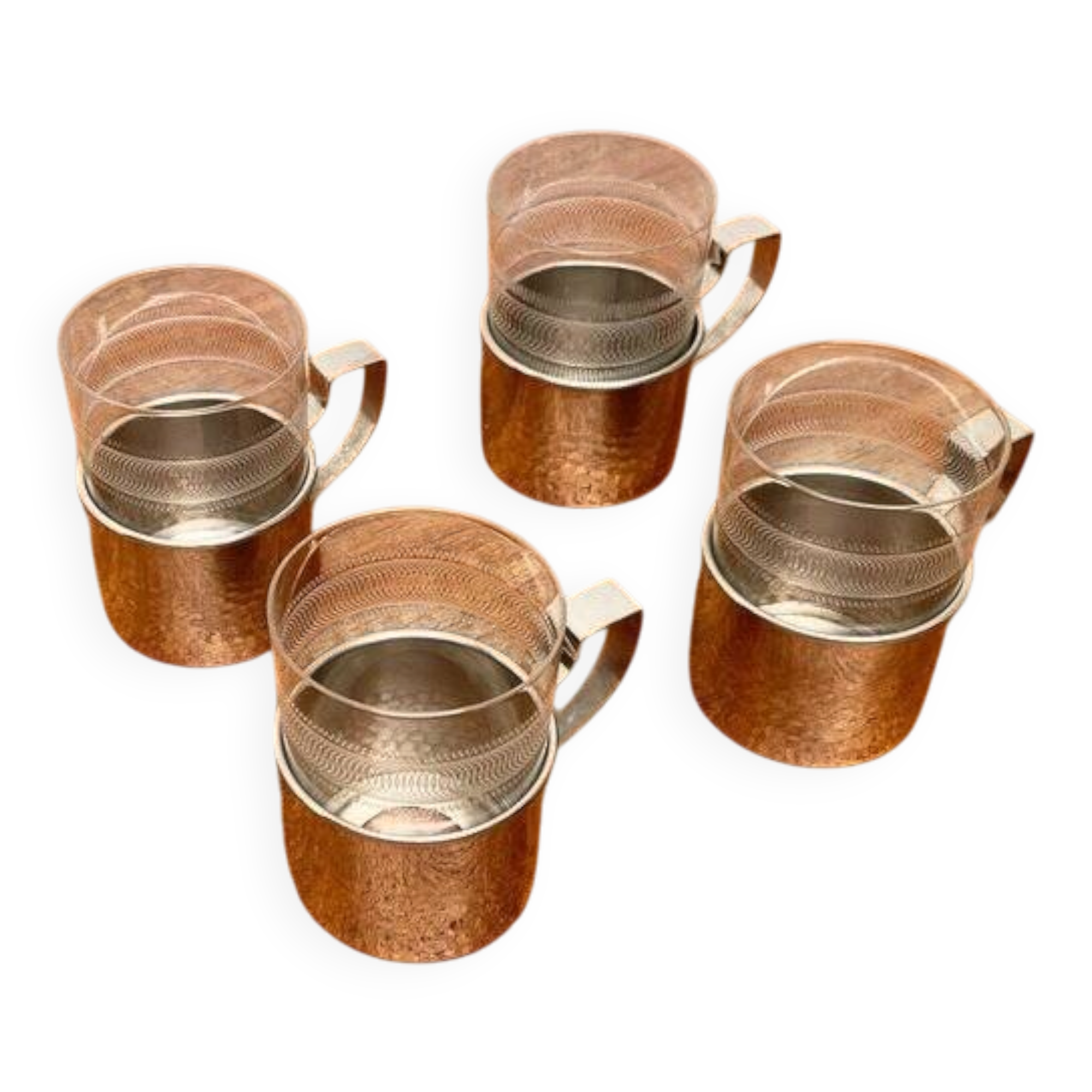 Vintage tea glasses RDA from East Germany by MUQ, Metallwarenfabrik Union Quedlinburg, set of 4.