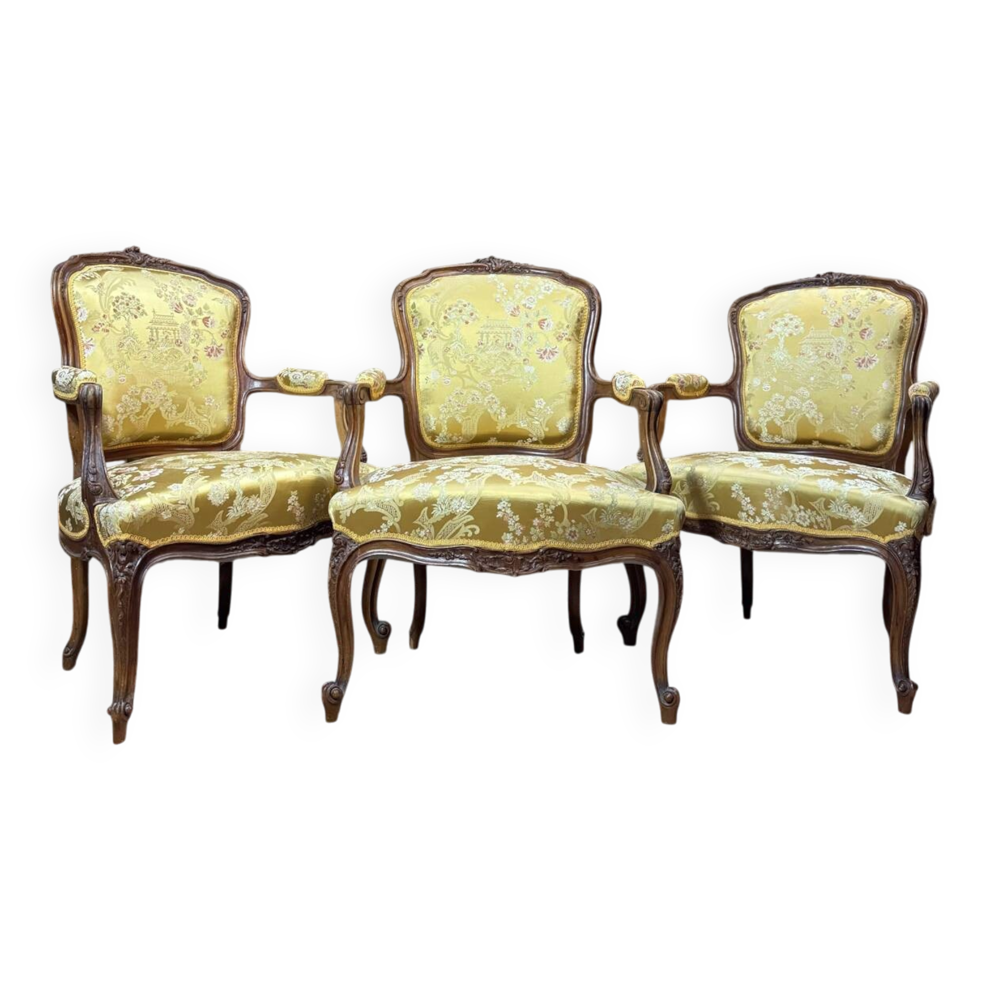 Mercer brothers set of three walnut armchairs in louis xv style xix