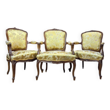 Mercer brothers set of three walnut armchairs in louis xv style xix