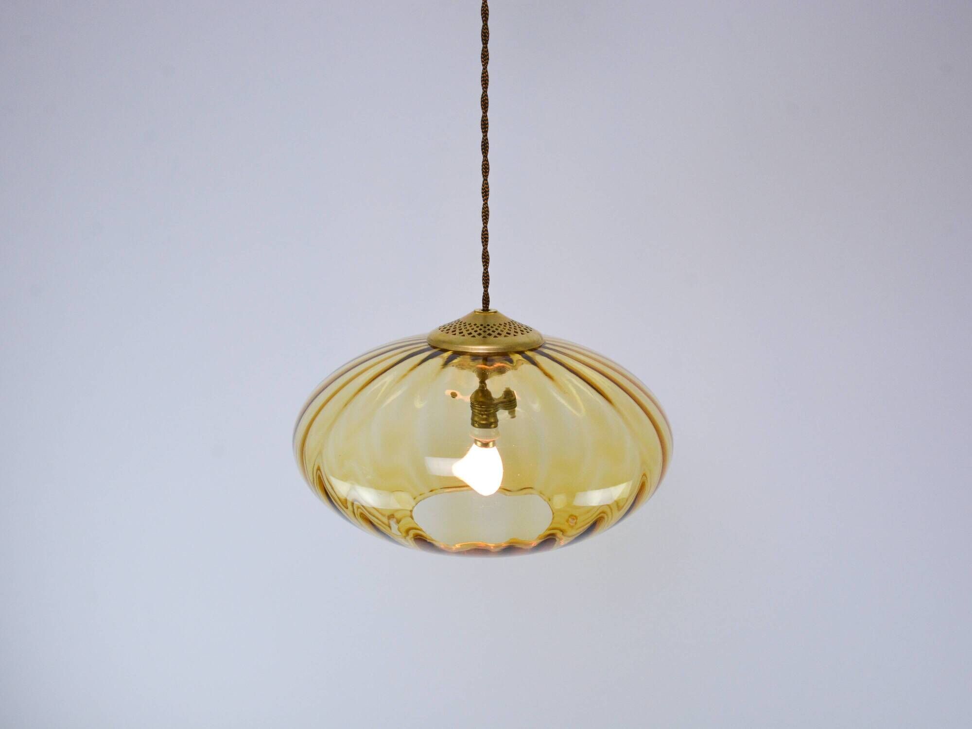 Mid-Century Brass and Light Gold/Yellow Pendant Lamp