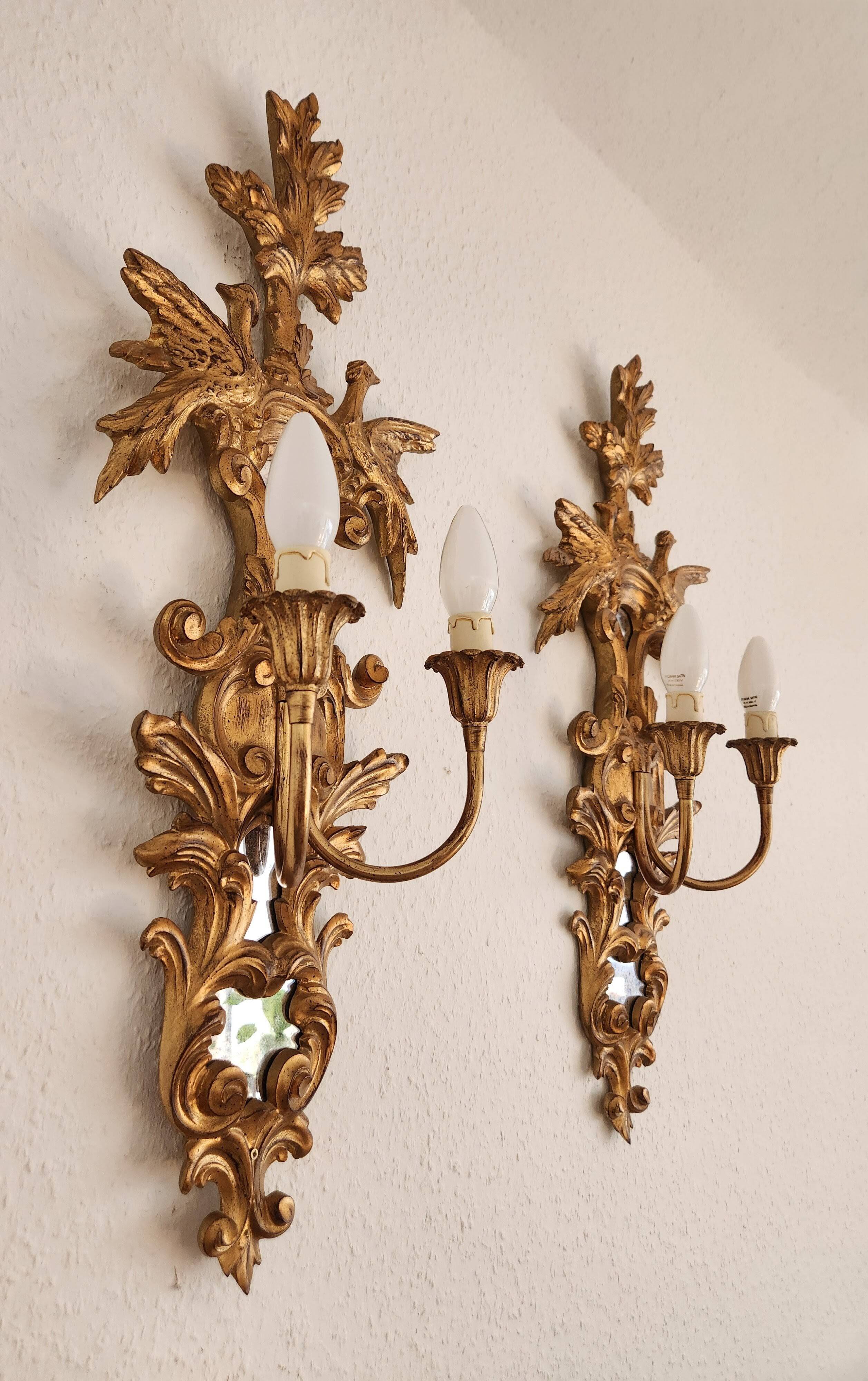 Louis XVI wall lamps Rocaille gilded carved wood antique mirror glass